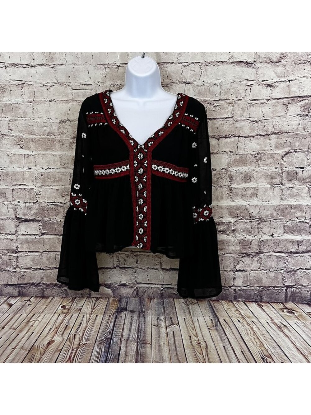 Topshop Black Red Embroidered Bell Sheer Sleeve Top